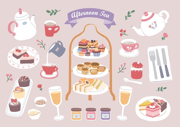 紅茶のディスプレイと「アフタヌーン ティー」の文字が入ったティーポットが描かれたティー パーティーのポスター。