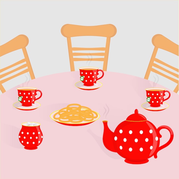 Vector tea party red tea set round table