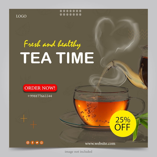 Tea poster cafe shop template banner flat design for social media