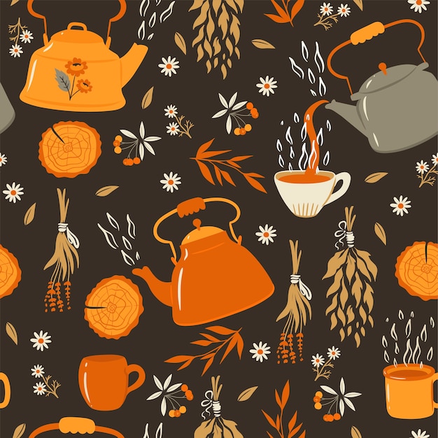 Tea seamless pattern with teapots and mugs.