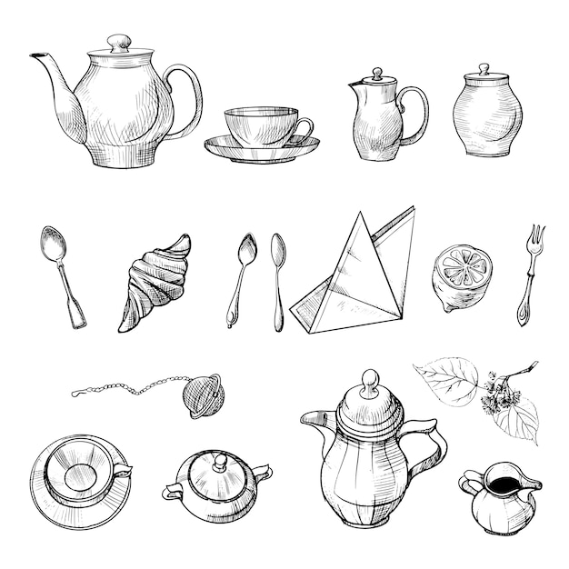 上面と側面に描かれたお茶セットとお茶の属性。スケッチと水彩イラスト