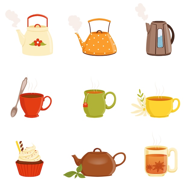 Set da tè, vari utensili da cucina, tazza di tè e bollitore illustrazioni vettoriali