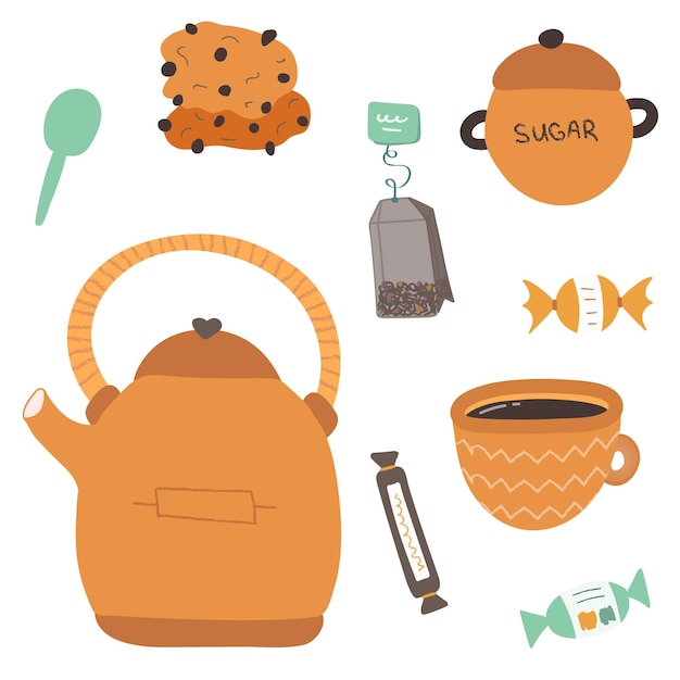 Vector tea set with the candies oatmeal cookie with chocolate sugarcane teabag teapot spoon