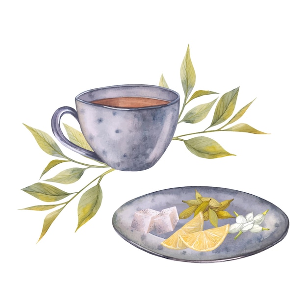 Vector tea set with tea additives watercolor illustration isolated for menu design and tea packaging