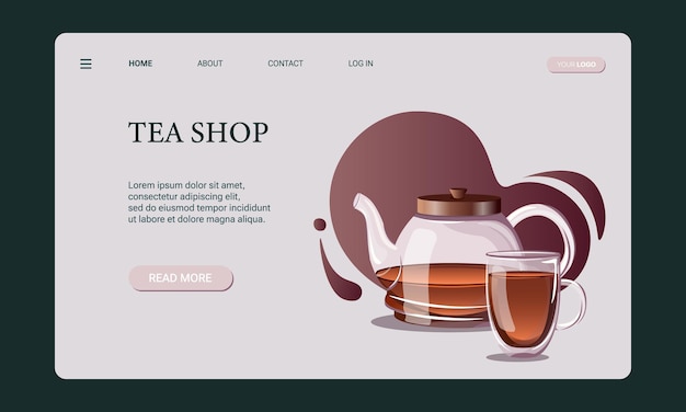 ベクトル ティー ショップのウェブ バナー テンプレート、ウェブサイト、ランディング ページ。ガラスのティーポットに紅茶とガラスのマグカップ