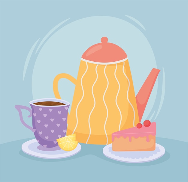 Vector tea, teacup teapot lemon and slice cake illustration