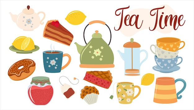 Tea time or coffee set with cute cartoon vector