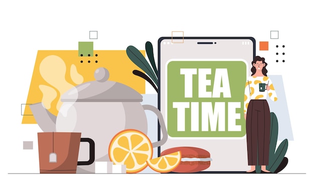 Vector tea time concept woman with teapot and cup of hot drinks and slice of lemon comfort and coziness