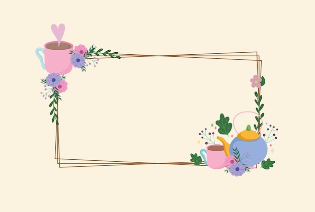 Tea time, delicate frame with kettle cups flowers decoration leaves  illustration