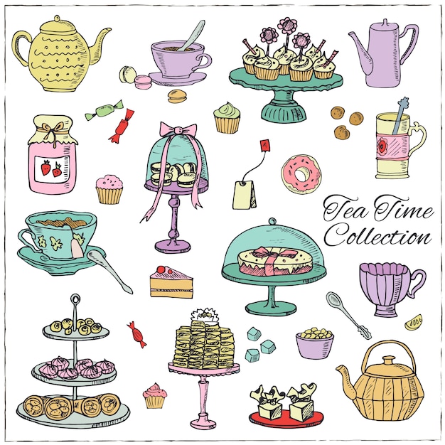 Tea time  doodle set. Sketch.