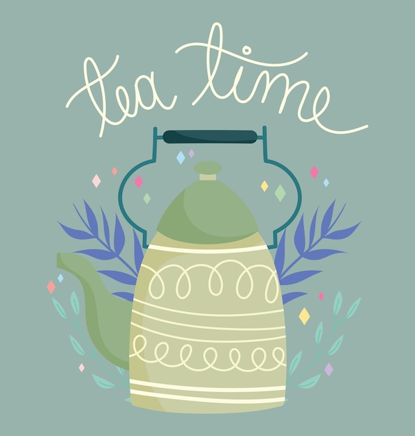 Tea time green kettle leaves decoration, kitchen ceramic drinkware, floral design cartoon illustration