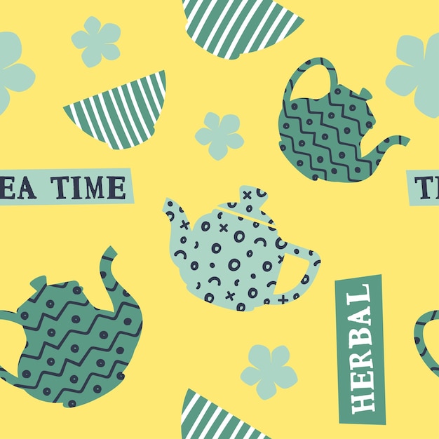 Vector tea time hot beverage with herbs seamless print