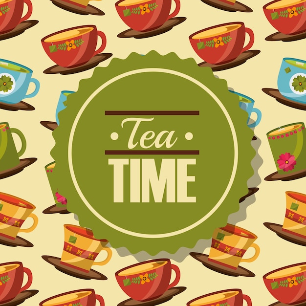 Vector tea time label decorative flower in cups background