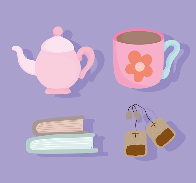 Vector tea time, pink teapot cup books and teabag, kitchen ceramic drinkware, cartoon design illustration