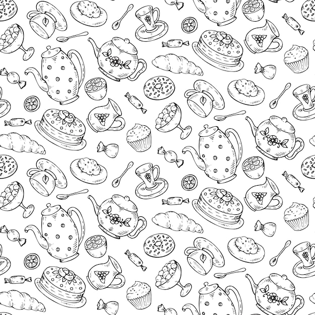 Tea time seamless pattern with hand drawn doodle elements.