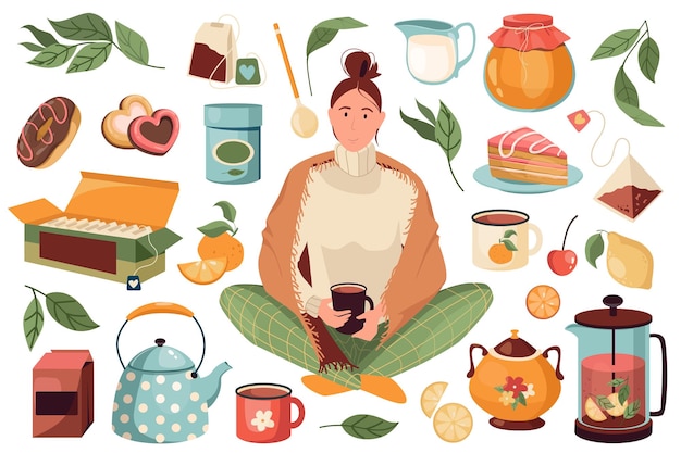 Vector tea time set graphic elements in flat design bundle of woman holding cup hot drink in mugs teapots sweet desserts tea bags in box fruits and berries other vector illustration isolated objects