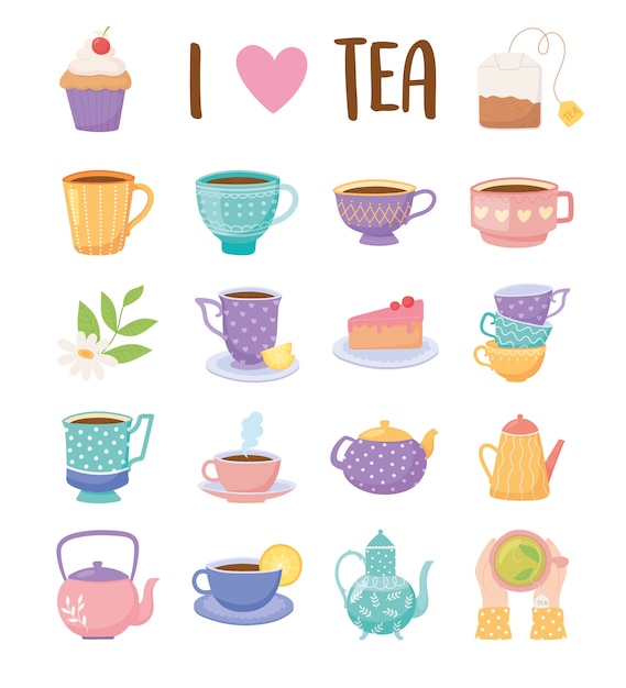 Vettore l'ora del tè imposta le icone tazza da tè bollitore torta cupcake limone fiore bevanda icone illustrazione