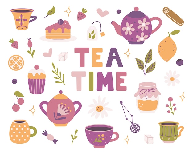 Vector tea time set of vector elements teapots mugs sweets in flat style breakfast tea party