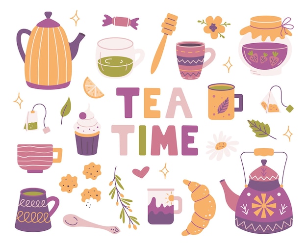 Tea time set of vector elements Teapots mugs sweets in flat style Breakfast tea party