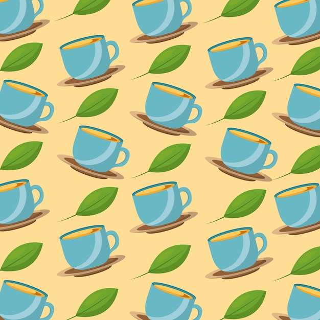 Vector tea time teacups and leaves herbal fresh pattern
