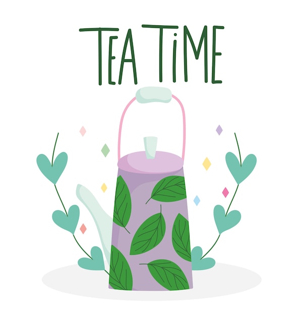 Vector tea time teapot with printed leaves kitchen drinkware, floral design cartoon illustration