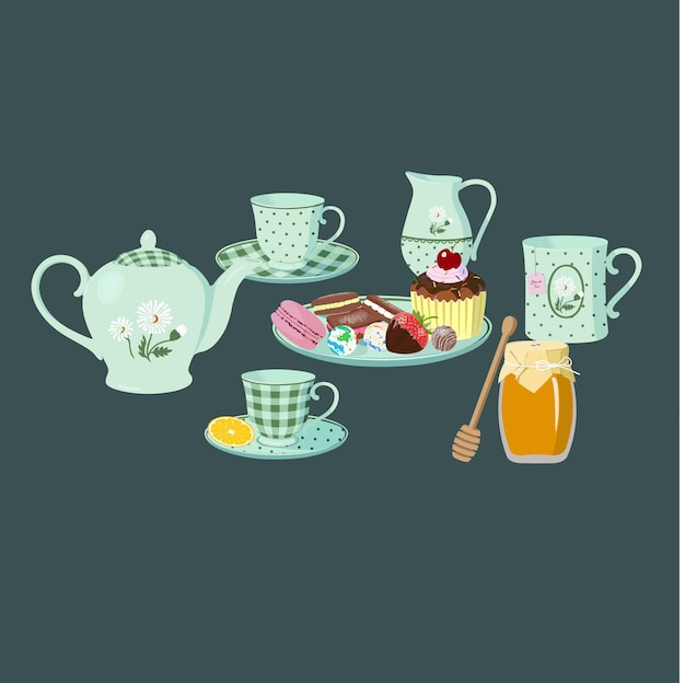 Vector tea time vector illustration international tea day retro teaware