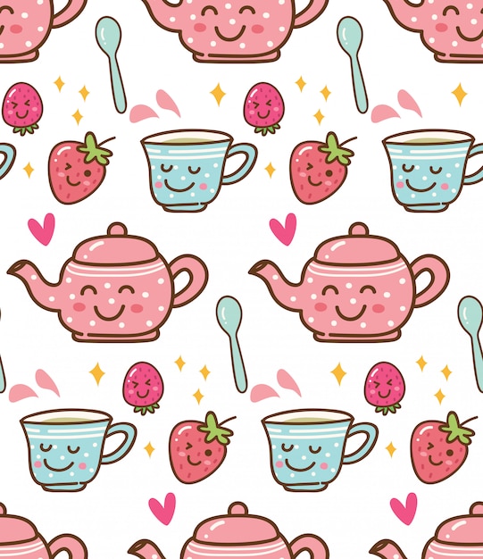 Vector tea time with strawberry in kawaii style background