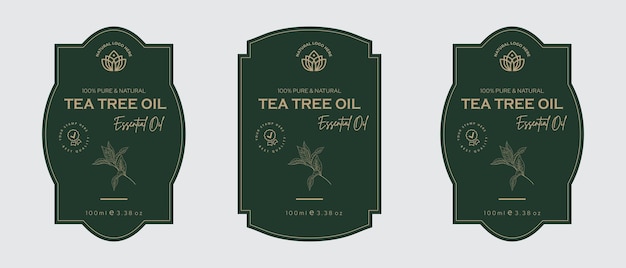 Tea tree olie label ontwerp cosmetische producten label voor huidverzorging en schoonheid, kruideningrediënten.