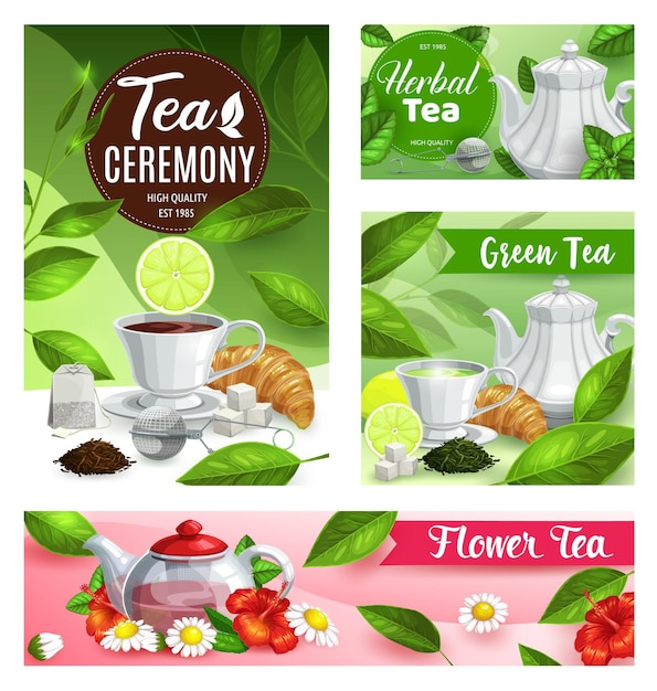 tea vector posters with cup teapot and flowers