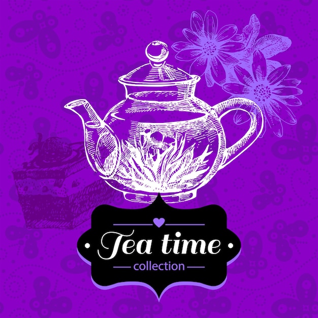 Tea vintage background. hand drawn sketch illustration. menu design