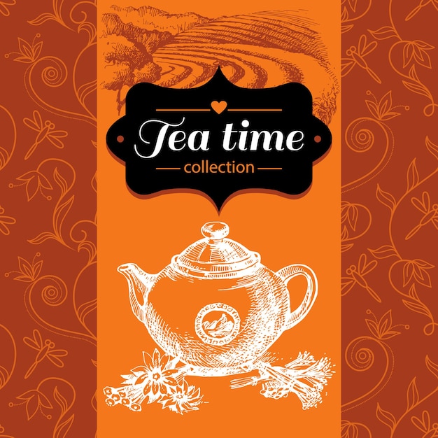 Vector tea vintage background. hand drawn sketch illustration. menu and package design