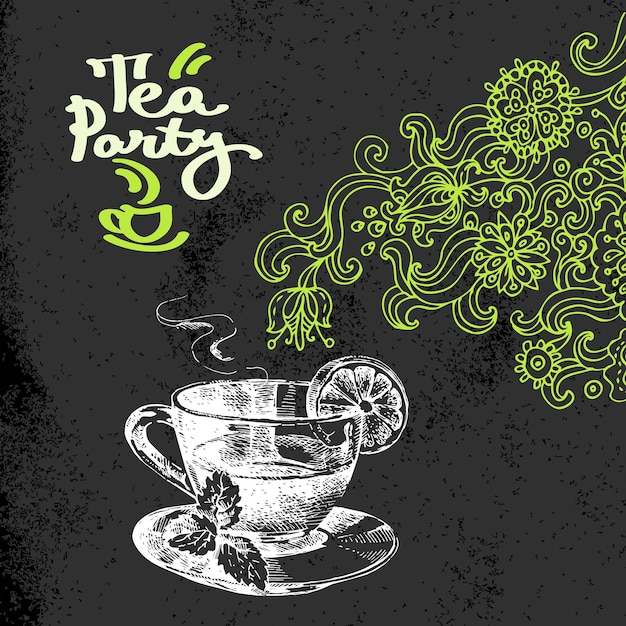 Tea vintage background. Hand drawn sketch vector illustration. Menu and package chalkboard design. Black chalk texture. Floral doodles