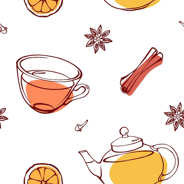 Vector tea and winter spices hand drawn seamless pattern with teapot cup cinnamon anise and orange slices