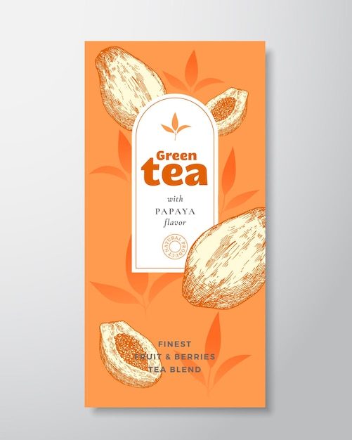 Tea with Fruit and Berries Label Template Abstract Vector Packaging Design Layout with Realistic Shadows Hand Drawn Maracuja or Papaya and Tea Leaves Decor Silhouettes Background Isolated