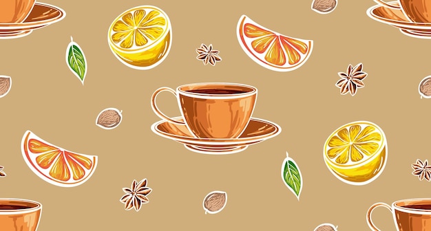 Tea with lemon and spices seamless pattern