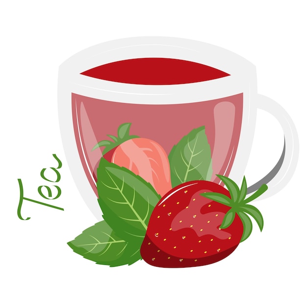 Tea with Strawberry and mint. Healthcare. Cup of tea with strawberry. Hot drink.