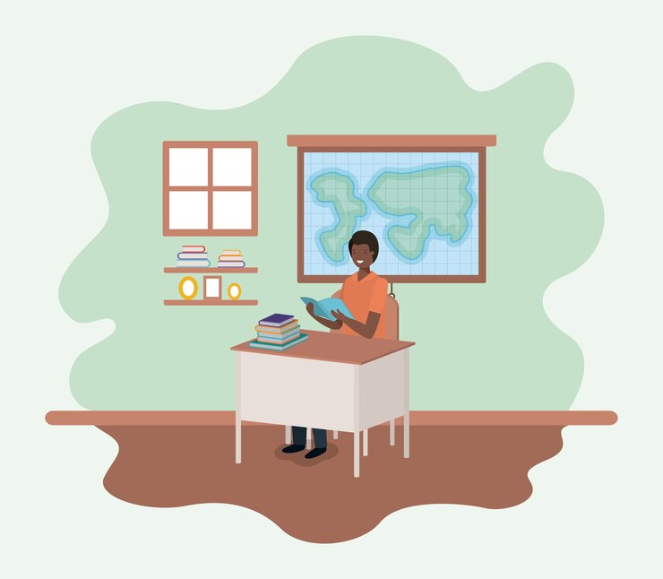 Vector teacher black in the geography class
