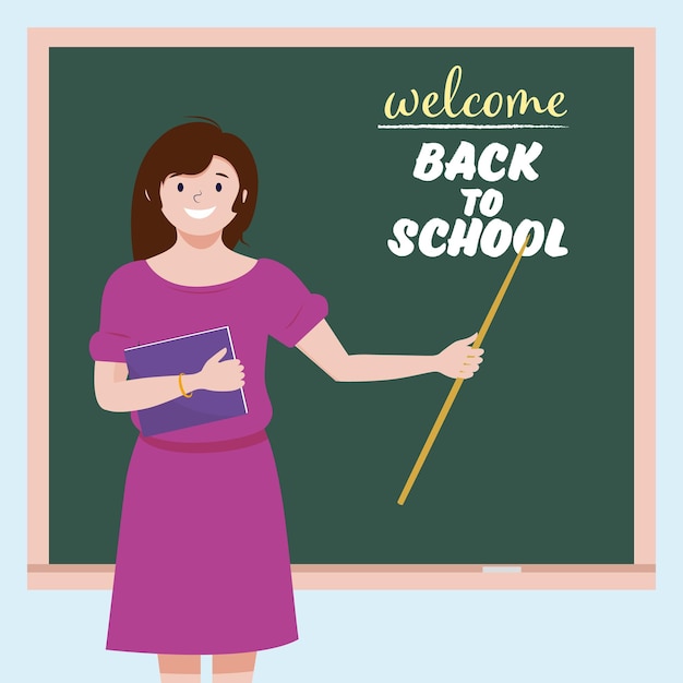 Teacher at the blackboard with a pointer and the inscription welcome back to school vector graphics