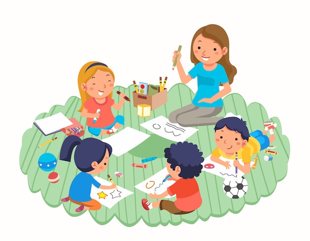 Insegnante e bambini che disegnano mentre giocando nell'asilo e giocattoli intorno loro illustrazione