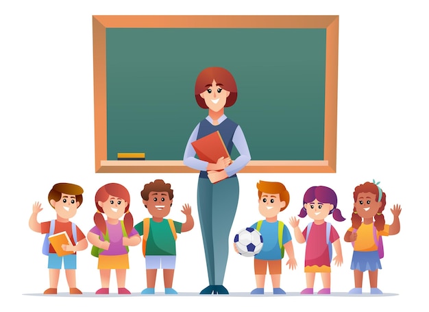 teacher and children students in front of blackboard illustration