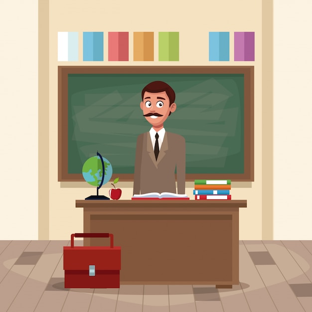 Teacher in classroom cartoon