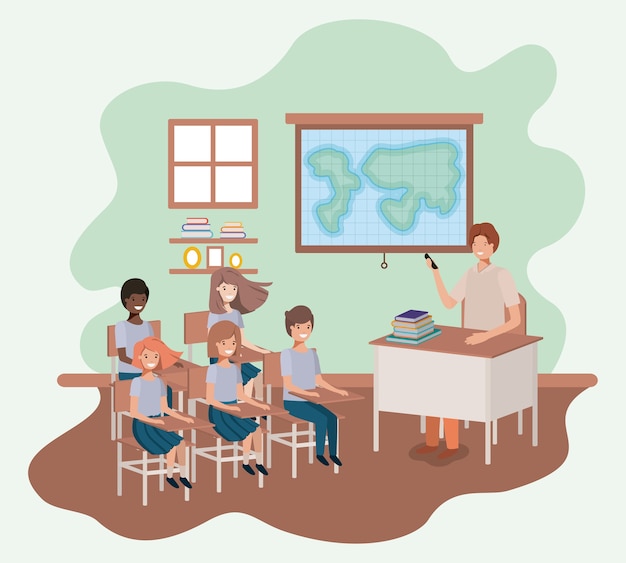 Teacher in the geography class with students vector illustration design