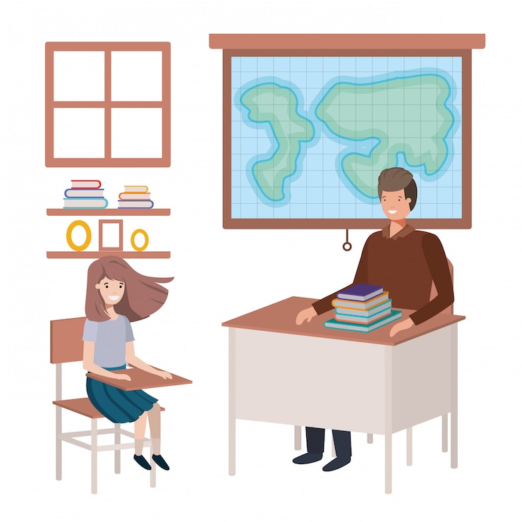 Vector teacher in the geography class with students