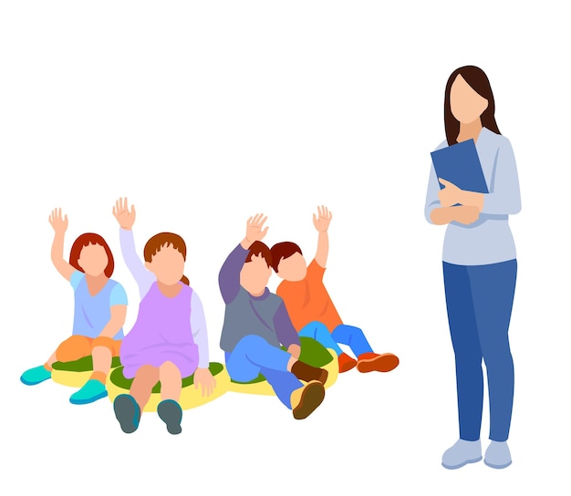 先生と勤勉なかわいい男の子の指を上げるクラス