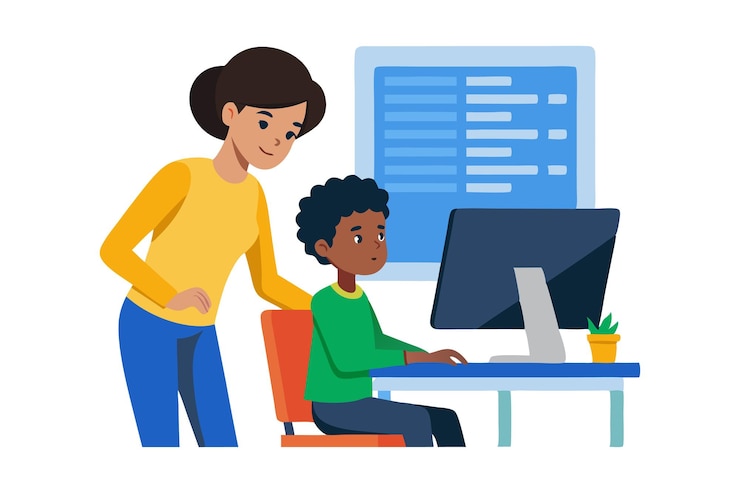 Vector teacher helping student with computer in classroom