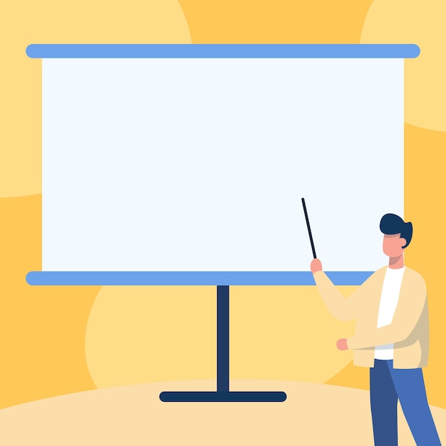 ベクトル メッセージ教授を示す空白のホワイトボードに立っているポインティングスティックを描くジャケットの先生