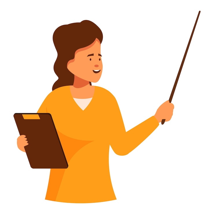 Vector teacher is holding a clipboard and pointing with a stick while explaining something