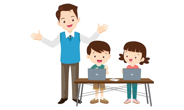 教師と子供たちがコンピュータ技術の教育コースを学ぶ