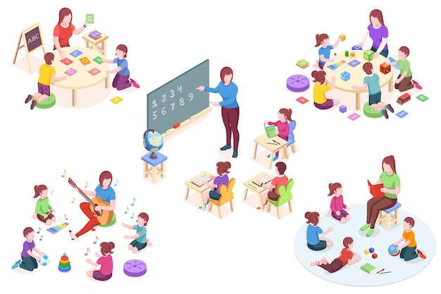 Teacher and kids learning isometric kindergarten