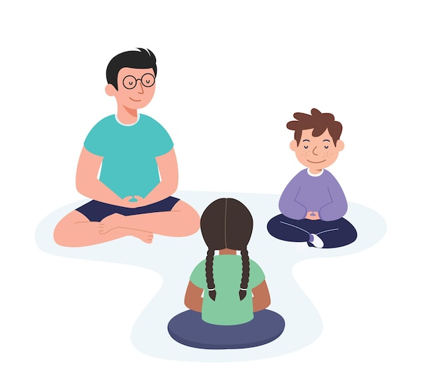 Insegnante e bambini seduti in cerchio e meditando